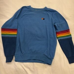 Aviator Nation blue crewneck rainbow striped sleeve